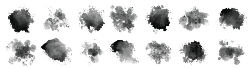 Black watercolor splashes texture collection. Set of black watercolor circles. Abstract watercolor splash collection. Splash of paints with drops vector
