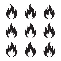 A vector icon set of burning fire flames, symbols of hot danger and heat