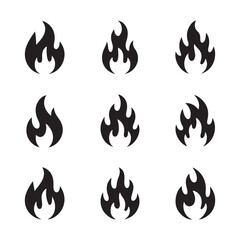 Collection of burning fire flame symbols, hot heat danger signs, and blazing bonfire vector illustrations