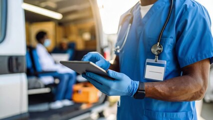 Medical tablet mobile clinic healthcare professional in blue uniform uses digital device showing care and efficiency in healthcare setting - Powered by Adobe