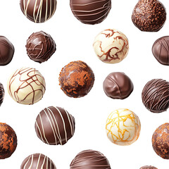 2d illustration of a tileable pattern of sweet chocolate truffles isolated on a white transparent background