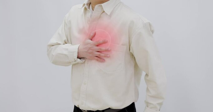Health, Medical, Pain, Ache, Body parts, Asian, Person, Male, Old age, Front, Wrist, Heart, Angina, Myocardial infarction, Heart failure, One hand, Touch, Red, Cg, Graphic
