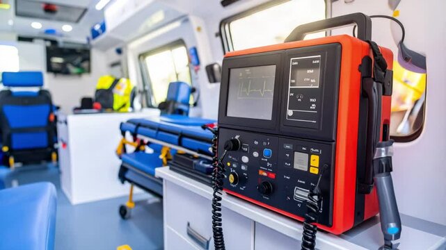 Medical device heart monitor and emergency defibrillator inside mobile clinic ambulance with stretcher and blue seats for patient transport