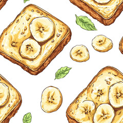 2d illustration of a tileable pattern of banana bread isolated on a white transparent background
