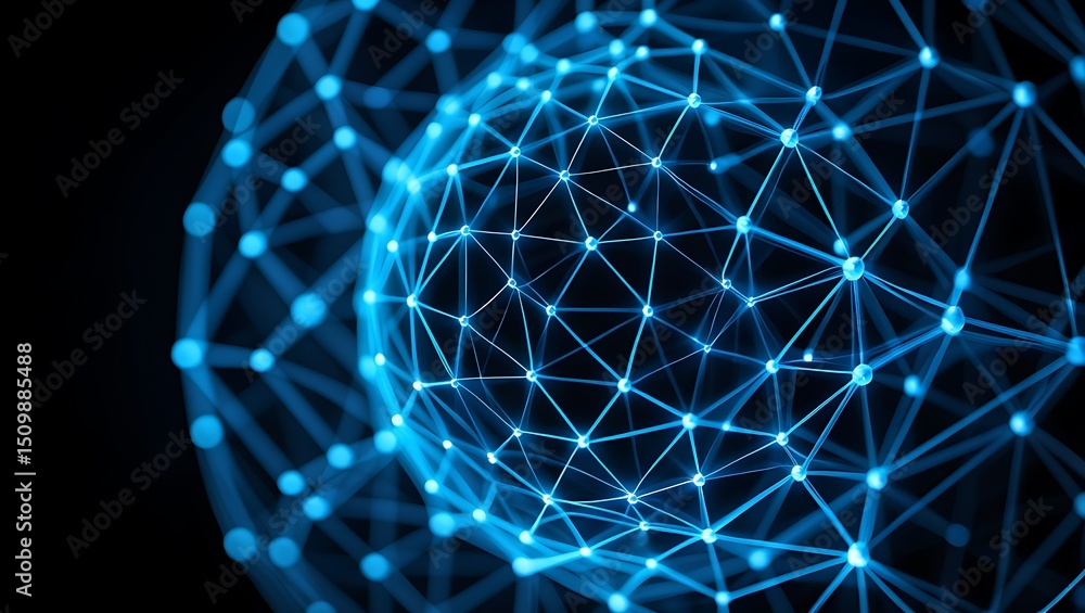 Poster abstract futuristic network structure with glowing spheres and interconnected lines on black backgro