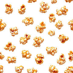 2d illustration of a tileable pattern of caramel popcorn isolated on a white transparent background