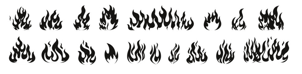  bonfire flames fireballs burning candle torch blazing fire cartoon set isolated vector silhouettes.