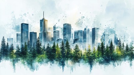 Fototapeta premium Watercolor City Skyline Emerging from Lush Forest