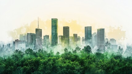 Obraz premium Watercolor City Skyline Emerging from Lush Green Forest at Sunrise