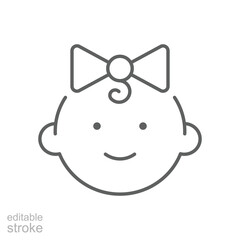 Happy little girl head icon. Simple outline style. Line symbol isolated. Face of baby girl. Editable stroke