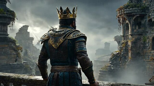 Majestic king overlooking ancient ruins under a dramatic sky, evoking a sense of history and mystery