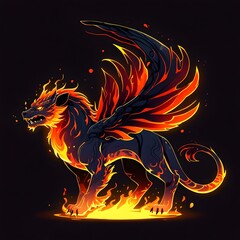 Majestic Fiery Mythical Creature with Flaming Wings in a Dark Fantasy Setting