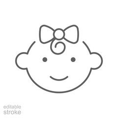 Happy little girl head icon. Simple outline style. Line symbol isolated. Face of baby girl. Editable stroke