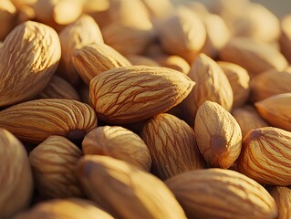 Photo of a pile of nutritious almonds scattered closely together, showcasing their natural, brown texture