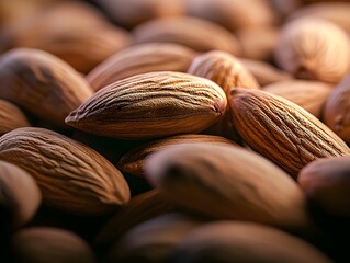 Photo of a pile of nutritious almonds scattered closely together, showcasing their natural, brown texture