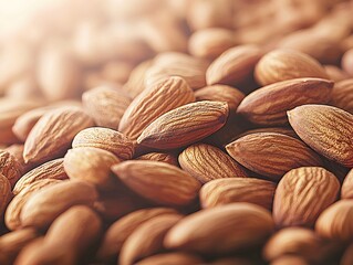 Photo of a pile of nutritious almonds scattered closely together, showcasing their natural, brown texture