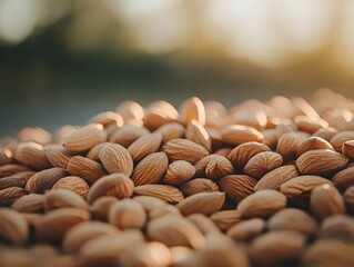 Photo of a pile of nutritious almonds scattered closely together, showcasing their natural, brown texture
