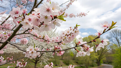 Obraz premium Branches of blossoming cherry macro with soft focus on gentle light blue sky background in sunlight with copy space. Beautiful floral image of spring nature.