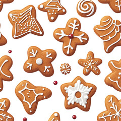 2d illustration of a tileable pattern of gingerbread cookies isolated on a white transparent background