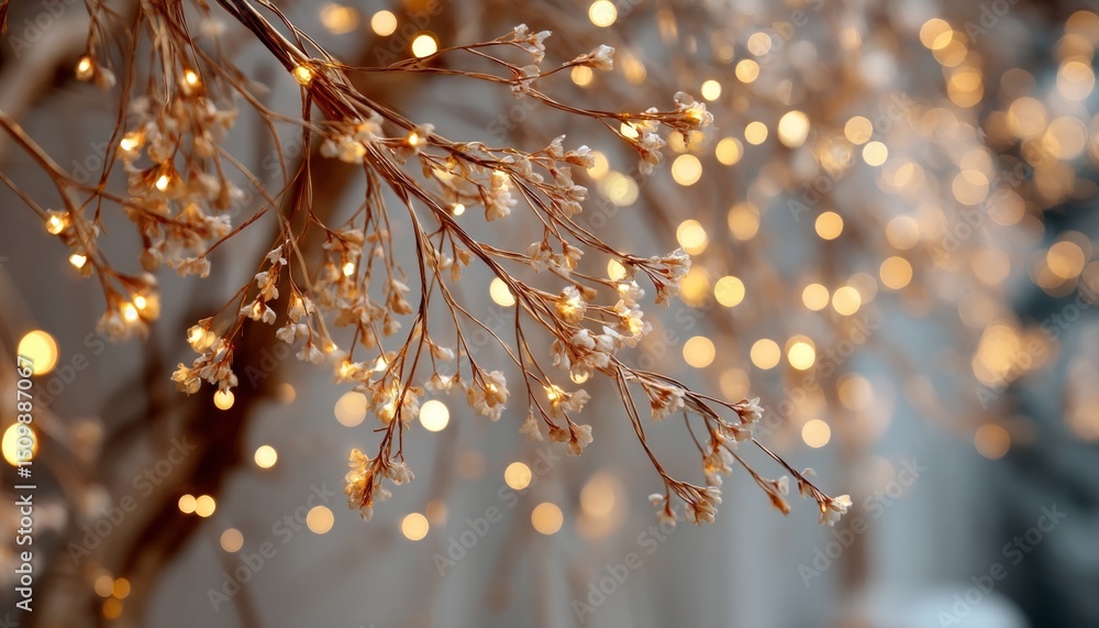 Poster delicate branches with sparkling lights on a festive event backdrop with luminous golden bokeh.