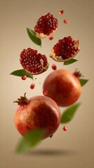 Fresh pomegranates falling juicy seeds healthy food