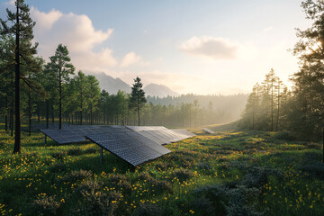 A solar farm strategically placed to avoid disrupting forest ecosystems