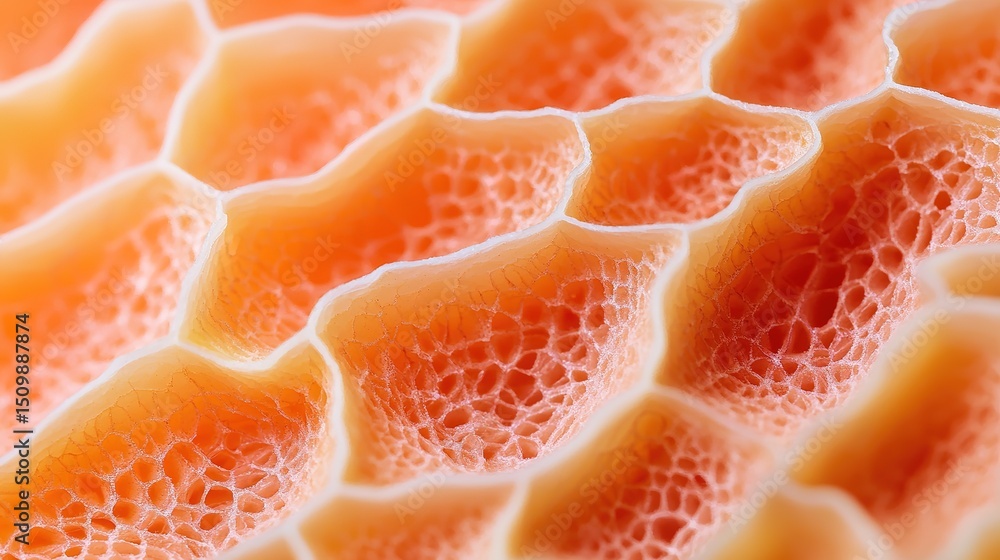Poster close-up of a honeycomb-like orange structure with intricate, cell-like patterns and a soft, organic