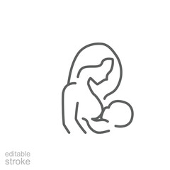 Obraz premium Breastfeeding, motherhood flat line icon. Simple outline style. A baby in a sling in a womans arms. Editable stroke