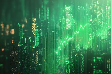 Green city skyline with financial graph overlay, stock market data and investment analysis