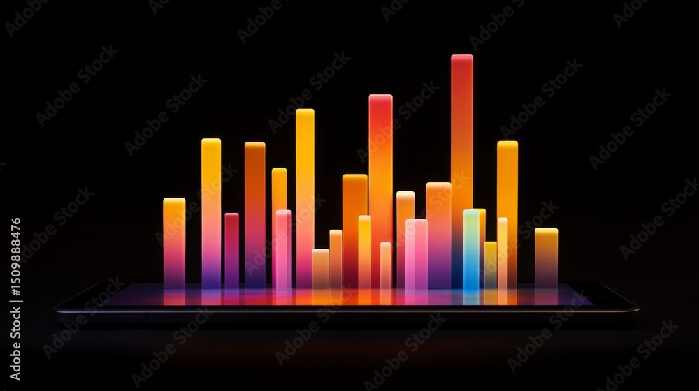 Poster a digital bar graph on a tablet screen showing financial data with colorful rising bars against a da