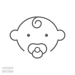 Baby line icon. Simple outline style. Infant face with pacifier and small curl. Ideal for childcare, newborn products, and parenting symbol. Universal sign childhood pictogram. Editable stroke