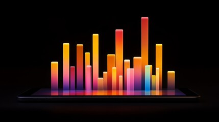 Fototapeta premium A digital bar graph on a tablet screen showing financial data with colorful rising bars against a dark background, symbolizing increasing profits