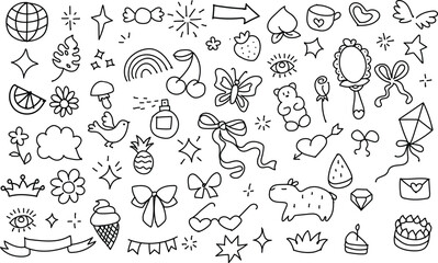 Hand drawn cute children’s doodles for birthday party. Freehand vector illustration with cake, balloons, gifts, stars, animals, bunting, cupcakes, fun elements for kids celebration design.