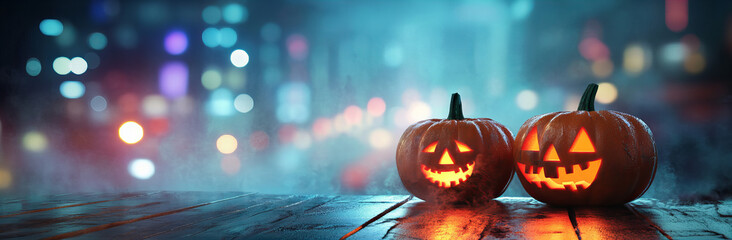 Glowing Halloween Pumpkins on Wet Wooden Surface with Bokeh Lights and Autumn Atmosphere

