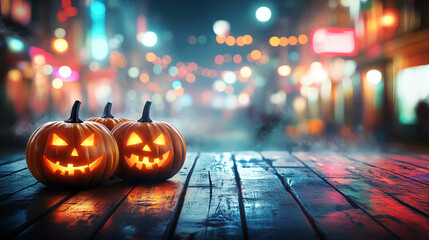 Glowing Spooky Halloween Pumpkins on Wet Wooden Surface with Bokeh Lights and Autumn Atmosphere

