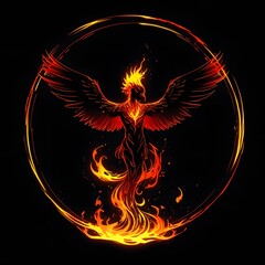 Majestic Fiery Phoenix Illustration in a Vibrant Ring of Flames