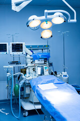 Surgery room setup. A sterile operating room awaits a surgical procedure with advanced equipment...