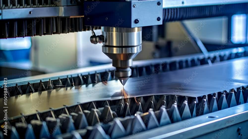 Poster automated laser cutting machine precisely slicing through sheet metal in industrial setting with spa