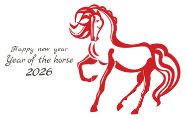 2026. Chinese new year 2026 celebration template, year of the horse. A red horse with its mane and tail shaped like