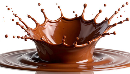 Dynamic chocolate splash with crown and droplets on a white background, delicious liquid in motion.