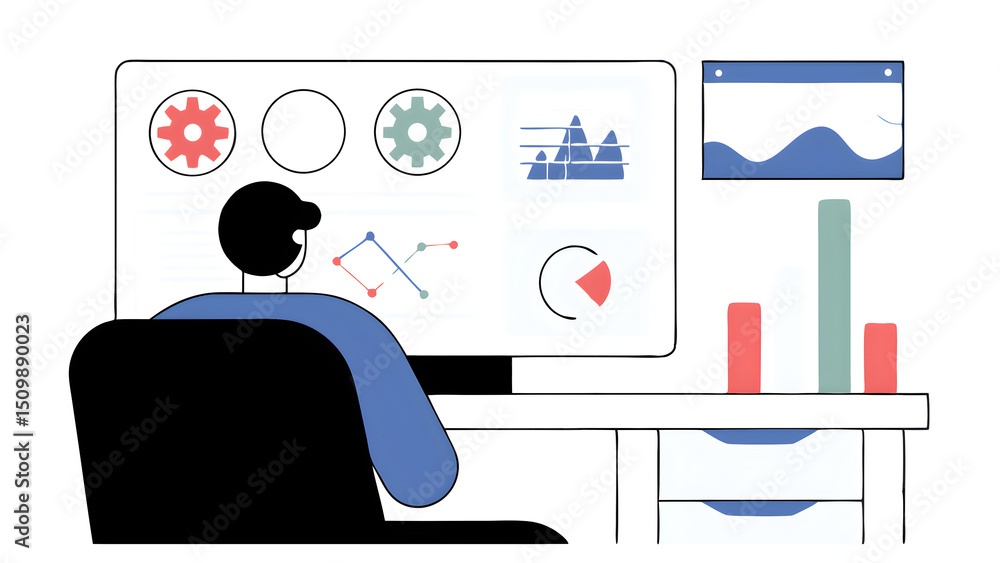 Aufkleber analyst manages the system database reports analytics business analyzes data plans and shows a dashb