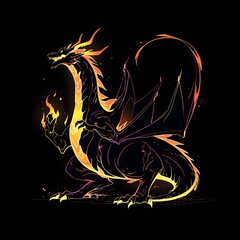 Vibrant Fiery Dragon Illustration with Flaming Wings on Black Background