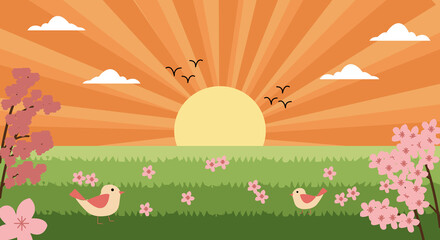 illustration of sunny summer landscape with green meadows, blooming sakura and birds in flat design style