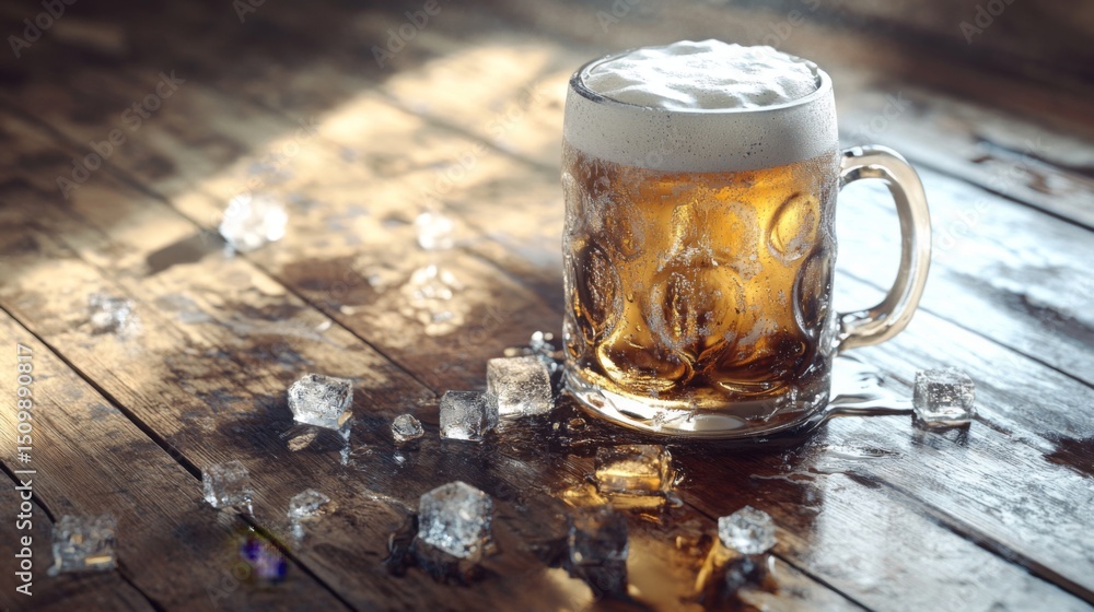 Poster a frosted beer mug with ice cubes, foam overflowing slightly, placed on a rustic wooden surface.