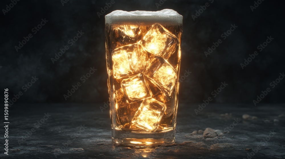 Aufkleber a frosty beer glass filled with ice, set against a dark background with soft lighting emphasizing th