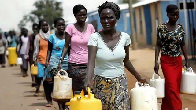 Women Carrying Water Jugs Walking in a Line Down a Rural Road in an African Community Setting