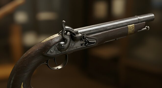 Pistol from the flintlock era features intricate metal engravings and a polished wooden stock resting on a dark blurred background surface.