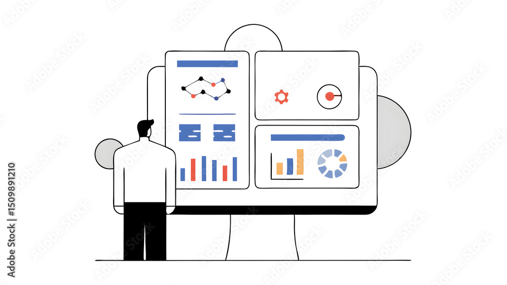 Poster businessman analysis shows a digital dashboard chart of the financial database concept of business m