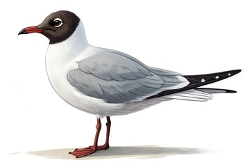 A solitary seagull stands on a white background, its white feathers stark against the clean simplicity, embodying the wild spirit of a seabird by the ocean