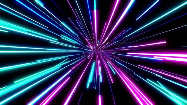 Hypnotic neon tunnel with infinite parallel lines rushing forward. Ultra-smooth 4K motion for tech presentations, sci-fi backgrounds, and cyberpunk visuals. Futuristic, geometric, and perfect for loop